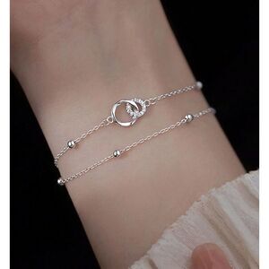 Double Layer Circle Linked Bracelet Silver Crystal Gemstone Chain Adjustable